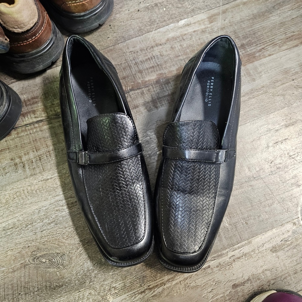 Perry Ellis Portfolio Justin Black Woven Square Toe Loafers Mens Size 6 55255